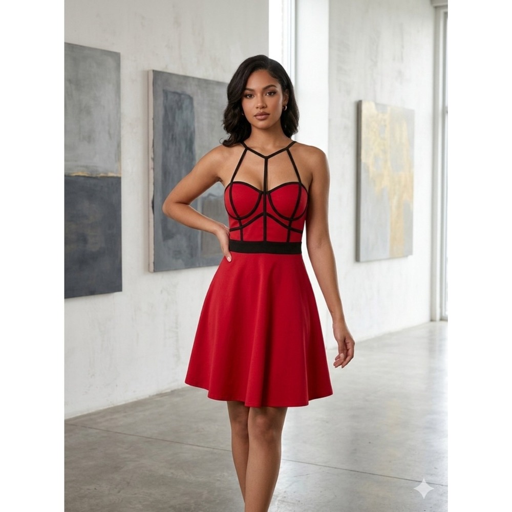 Papaya Strapless Red Dress with Black Detailing